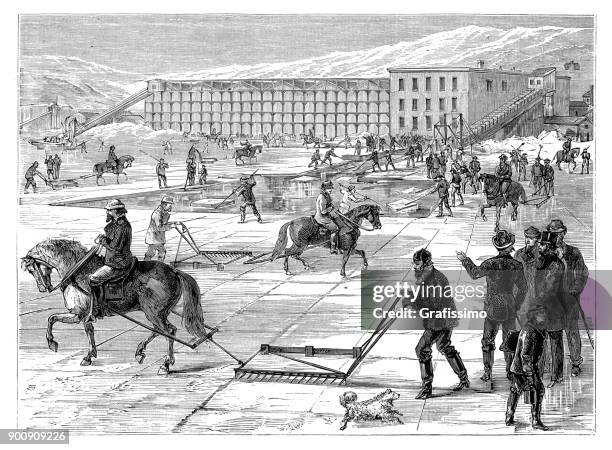 new york river hudson people gathering ice cubes 1875 - ice cube drawing stock illustrations