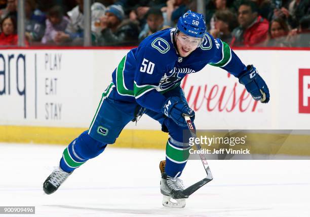 Brendan Gaunce of the Vancouver Canucks skates up ice during their NHL game against the St. Louis Blues at Rogers Arena December 23, 2017 in...