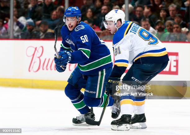 Brendan Gaunce of the Vancouver Canucks and Vladimir Tarasenko of the St. Louis Blues skate up ice during their NHL game at Rogers Arena December 23,...