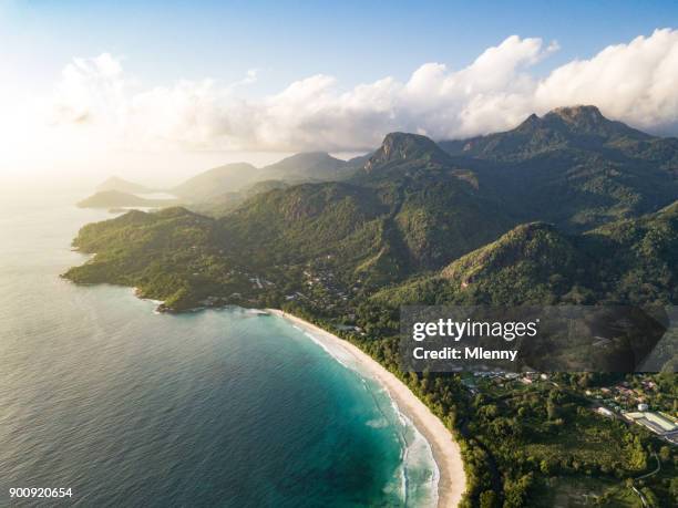 grand anse mahe island seychelles beach coastline - mountain range aerial stock pictures, royalty-free photos & images