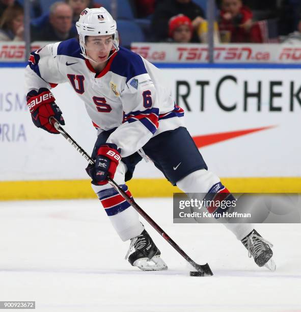 Quinn Hughes of United States in the first period against Finland during the IIHF World Junior Championship at KeyBank Center on December 31, 2017 in...