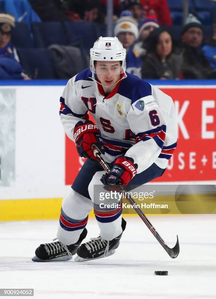 Quinn Hughes of United States in the first period against Finland during the IIHF World Junior Championship at KeyBank Center on December 31, 2017 in...