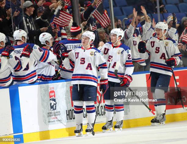 United States team captain Joey Anderson celebrates his goal against Finland in the second period during the IIHF World Junior Championship at...