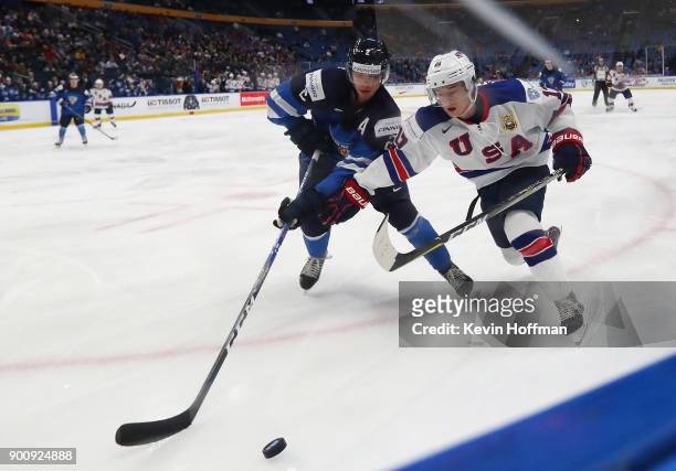 Kailer Yamamoto of United States and Miro Heiskanen of Finland in the third period during the IIHF World Junior Championship at KeyBank Center on...