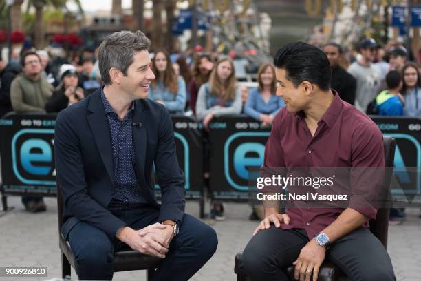 Arie Luyendyk and Mario Lopez visit "Extra" at Universal Studios Hollywood on January 3, 2018 in Universal City, California.