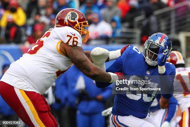 New York Giants defensive end Jason Pierre-Paul rushes against Washington Redskins offensive tackle Morgan Moses during the National Football League...
