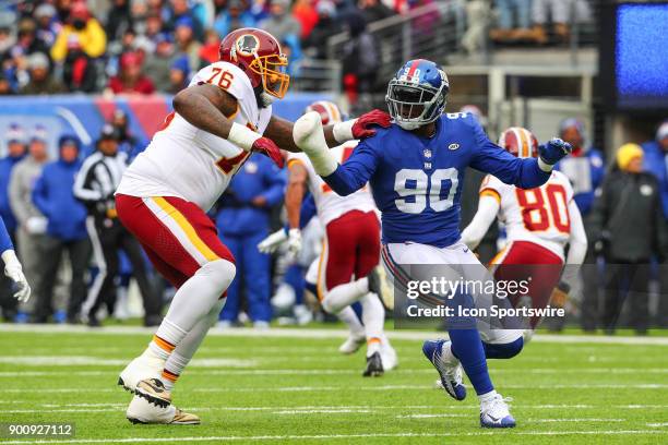 New York Giants defensive end Jason Pierre-Paul rushes against Washington Redskins offensive tackle Morgan Moses during the National Football League...