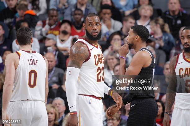 LeBron James of the Cleveland Cavaliers looks on during the game against the Sacramento Kings on December 27, 2017 at Golden 1 Center in Sacramento,...