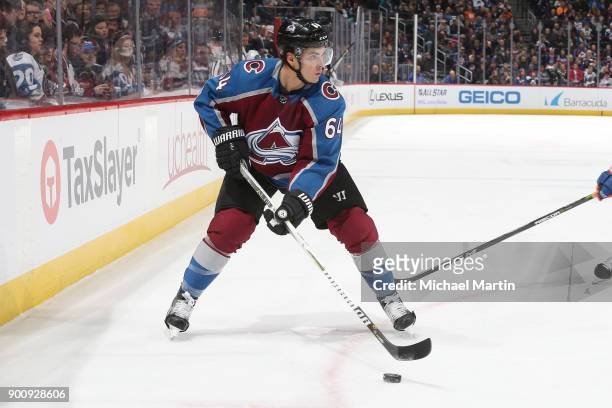 Nail Yakupov of the Colorado Avalanche skates against the New York Islanders at the Pepsi Center on December 31, 2017 in Denver, Colorado. The...