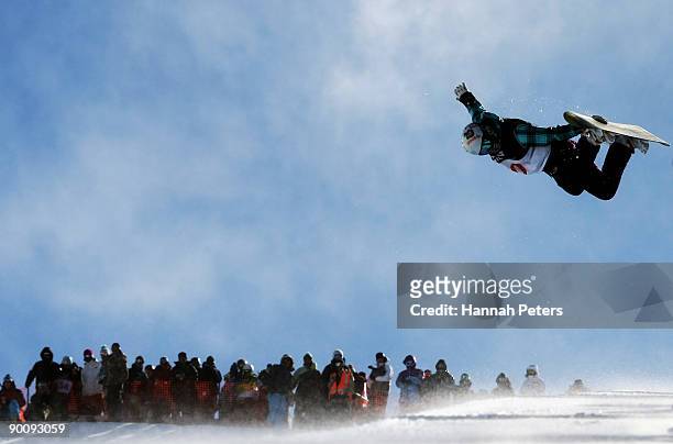 Juliane Bray of New Zealand competes in the Women's Snowboard Halfpipe during day five of the Winter Games NZ at Cardrona Alpine Resort on August 26,...