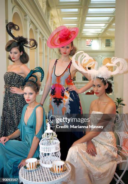 Models showcase dresses designed by Lisa Ho, Leona Edmiston, Manning Cartell and Akira with headpieces by Paris Kyne Master Milliner at the launch of...