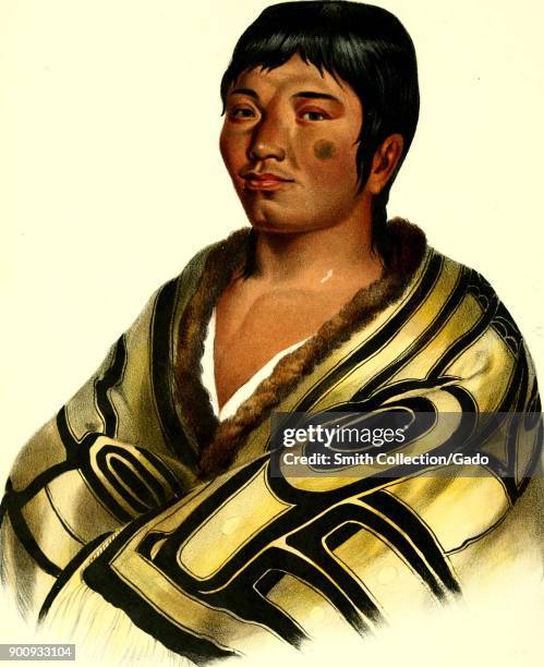 Head-shot, color illustration of a Flathead or Chinook Nation man named Stumanu wearing a painted, animal hide cape with a Salish design, from the...