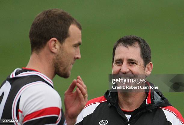 Saints coach Ross Lyon talks to Steven King of the Saints during a St Kilda Saints training session at Linen House Oval on August 26, 2009 in...