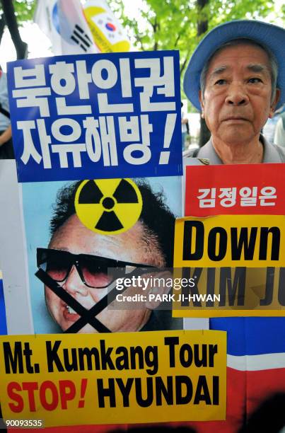 South Korean conservative activist holds a placard showing a picture of North Korean leader Kim Jong-Il during an anti-North Korea rally in Seoul on...