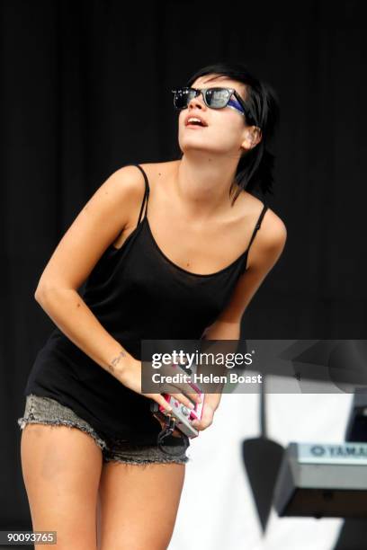 Lilly Allen performs on stage on the first day of V Festival at Hylands Park on August 22, 2009 in Chelmsford, England.