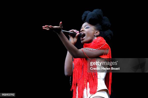 Shingai Shoniwa of The Noisettes performs on stage on the first day of V Festival at Hylands Park on August 22, 2009 in Chelmsford, England.