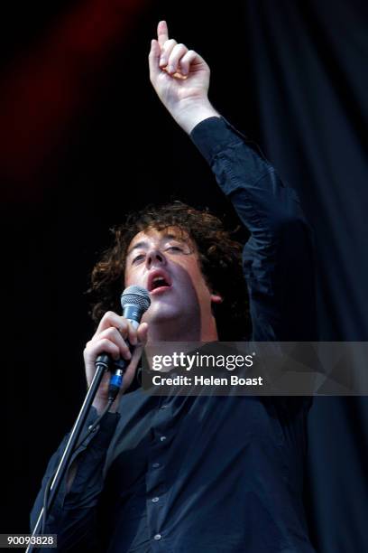 Matthew Murphy of The Wombats performs on stage on the first day of V Festival at Hylands Park on August 22, 2009 in Chelmsford, England.