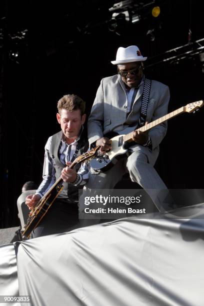 Roddy Byers and Lynval Golding of The Specials performs on stage on the first day of V Festival at Hylands Park on August 22, 2009 in Chelmsford,...