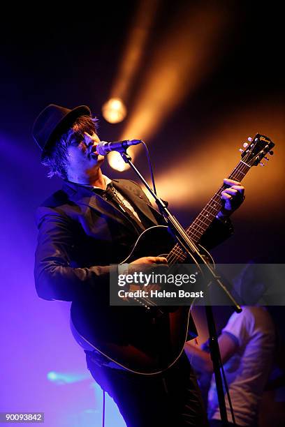 Pete Doherty performs on stage on the first day of V Festival at Hylands Park on August 22, 2009 in Chelmsford, England.