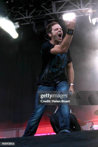 Rob Swire of Pendulum performs on stage on the first day of V Festival at Hylands Park on August 22, 2009 in Chelmsford, England.