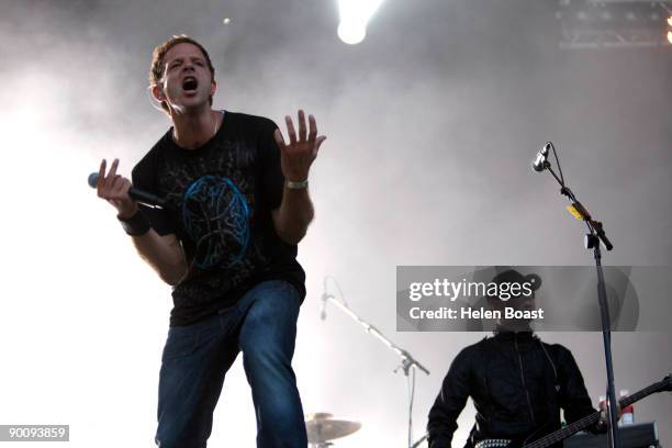 Rob Swire and Gareth McGrillen of Pendulum perform on stage on the first day of V Festival at Hylands Park on August 22, 2009 in Chelmsford, England.