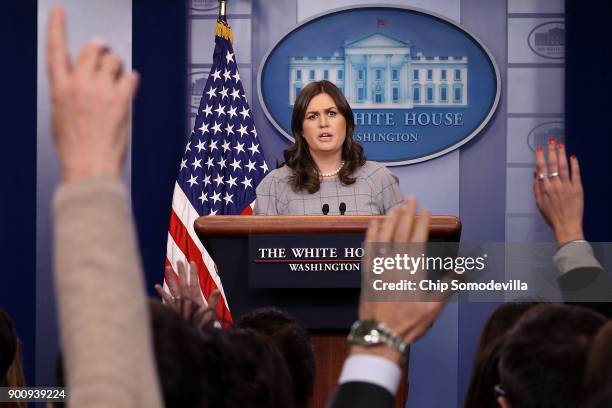 White House Press Secretary Sarah Huckabee Sanders conducts a news conference in the Brady Press Briefing Room at the White House January 3, 2018 in...