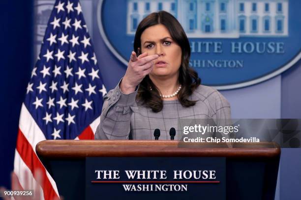 White House Press Secretary Sarah Huckabee Sanders conducts a news conference in the Brady Press Briefing Room at the White House January 3, 2018 in...