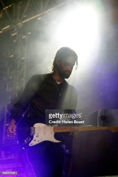 Andrew Wyatt of Miike Snow performs on stage on the second day of V Festival at Hylands Park on August 23, 2009 in Chelmsford, England.