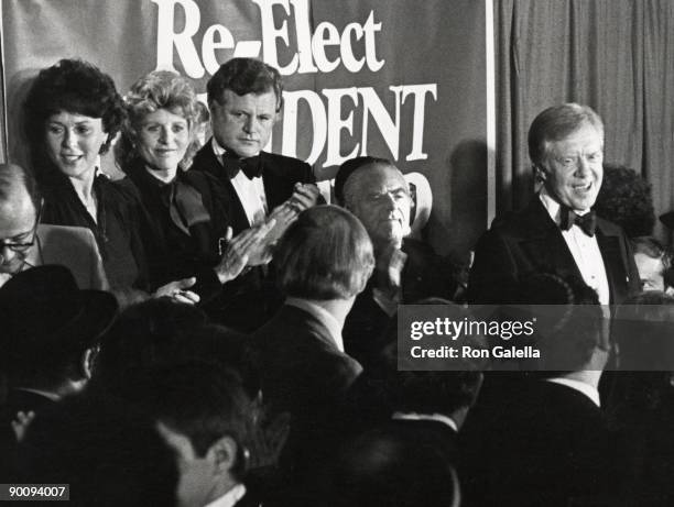 Jimmy Carter , on the top left row are Bess Meyerson, Patricia Kennedy Lawford, Ted Kennedy, and Abe Beam with guests