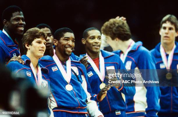 Los Angeles, CA Patrick Ewing, Steve Alford, Leon Wood, Alvin Robertson, Jon Koncak, Men's Basketball medal ceremony, the Forum, at the 1984 Summer...