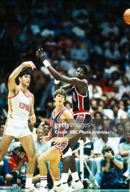 Los Angeles, CA Fernando Romay, Steve Alford, Patrick Ewing, Men's Basketball USA vs. Spain, the Forum, at the 1984 Summer Olympics, August 10, 1984.