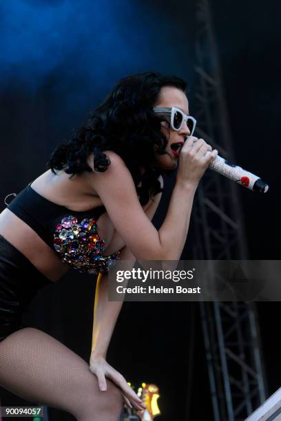 Katy Perry performs on stage on the second day of V Festival at Hylands Park on August 23, 2009 in Chelmsford, England.