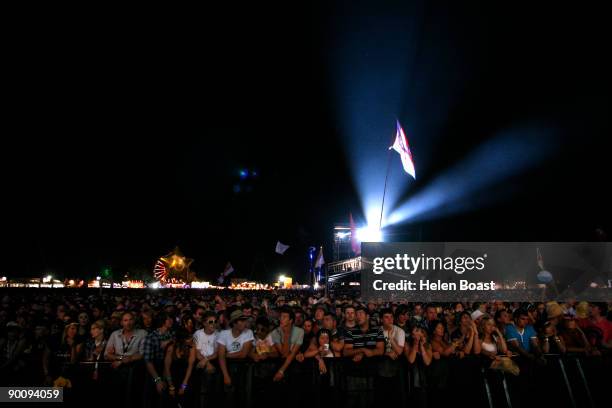General view of the crowd in darkness watching the stage on the second day of V Festival at Hylands Park on August 23, 2009 in Chelmsford, England.