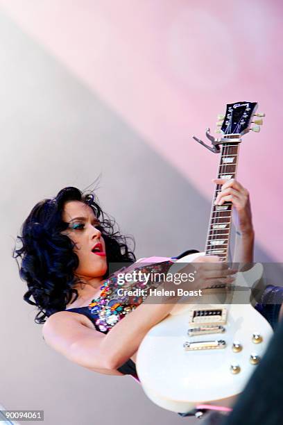 Katy Perry performs on stage on the second day of V Festival at Hylands Park on August 23, 2009 in Chelmsford, England.