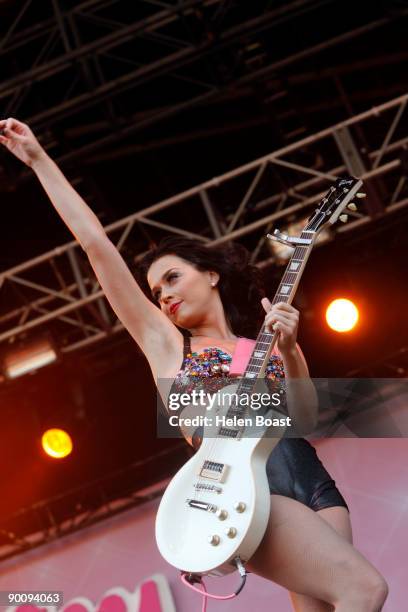 Katy Perry performs on stage on the second day of V Festival at Hylands Park on August 23, 2009 in Chelmsford, England.