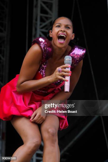 Alesha Dixon performs on stage on the second day of V Festival at Hylands Park on August 23, 2009 in Chelmsford, England.