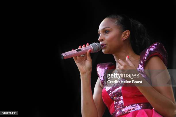 Alesha Dixon performs on stage on the second day of V Festival at Hylands Park on August 23, 2009 in Chelmsford, England.