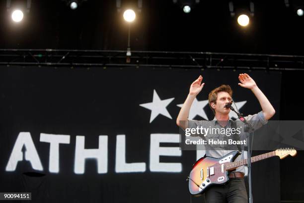 Joel Pott of Athlete performs on stage on the second day of V Festival at Hylands Park on August 23, 2009 in Chelmsford, England.