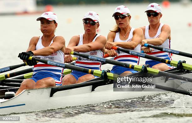 Jane Hall, Andrea Dennis, Laura Greenhalgh and Stephanie Cullen of Great Britain compete in the Women's Lightweight Quadruple Sculls on day four of...