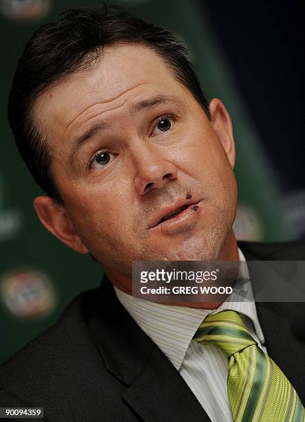 Australian cricket captain Ricky Ponting speaks at a press conference at Sydney International Airport on August 26, 2009 after arriving back from...