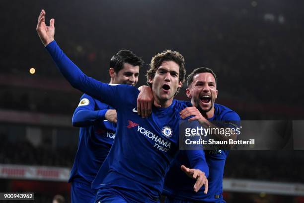 Marcos Alonso of Chelsea celebrates scoring his sides second goal with Danny Drinkwater of Chelsea during the Premier League match between Arsenal...