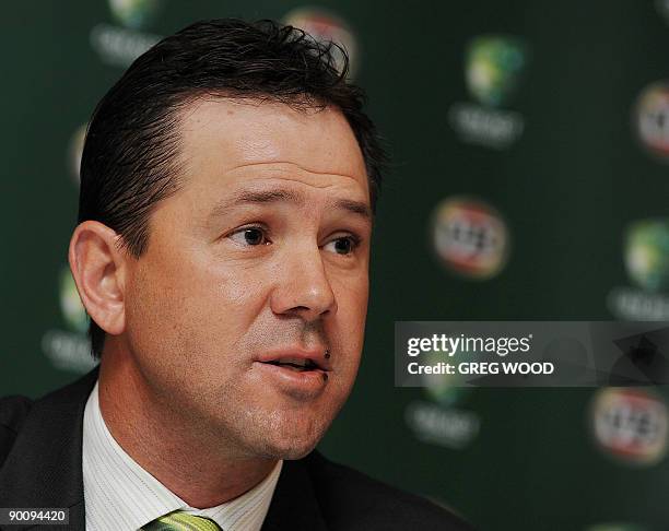 Australian cricket captain Ricky Ponting speaks at a press conference at Sydney International Airport on August 26, 2009 after arriving back from...