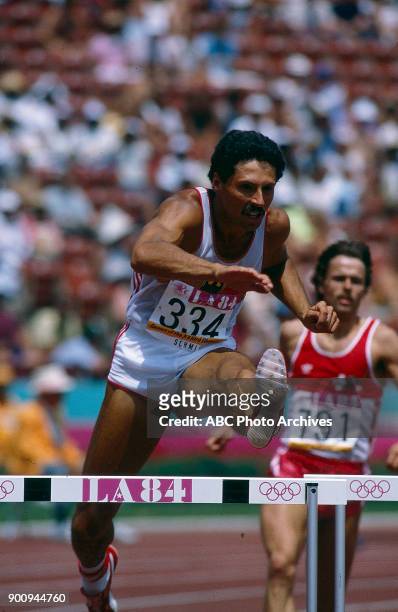 Los Angeles, CA Harald Schmid, Men's Track 400 metres hurdles competition, Memorial Coliseum, at the 1984 Summer Olympics, August 3, 1984.