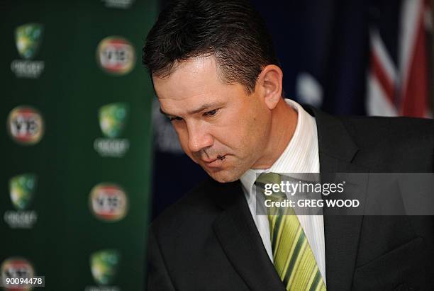 Australian cricket captain Ricky Ponting arrives at a press conference at Sydney International Airport on August 26, 2009 after arriving back from...