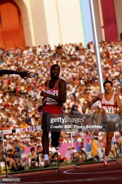 Los Angeles, CA Edwin Moses, Men's Track 400 metres hurdles competition, Memorial Coliseum, at the 1984 Summer Olympics, August 3, 1984.