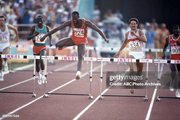 Los Angeles, CA Edwin Moses, Men's Track 400 metres hurdles competition, Memorial Coliseum, at the 1984 Summer Olympics, August 3, 1984.