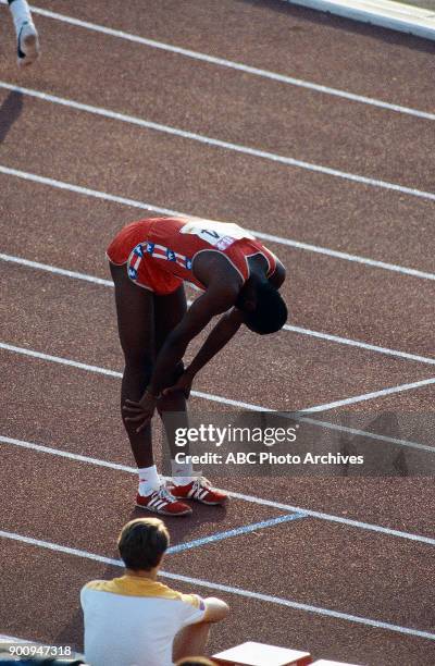 Los Angeles, CA Edwin Moses, Men's Track 400 metres hurdles competition, Memorial Coliseum, at the 1984 Summer Olympics, August 3, 1984.