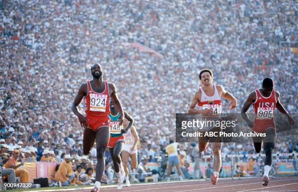 Los Angeles, CA Edwin Moses, Danny Harris, Men's Track 400 metres hurdles competition, Memorial Coliseum, at the 1984 Summer Olympics, August 3, 1984.