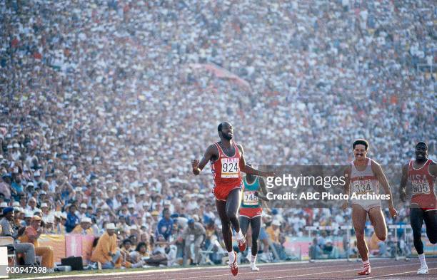 Los Angeles, CA Edwin Moses, Danny Harris, Men's Track 400 metres hurdles competition, Memorial Coliseum, at the 1984 Summer Olympics, August 3, 1984.