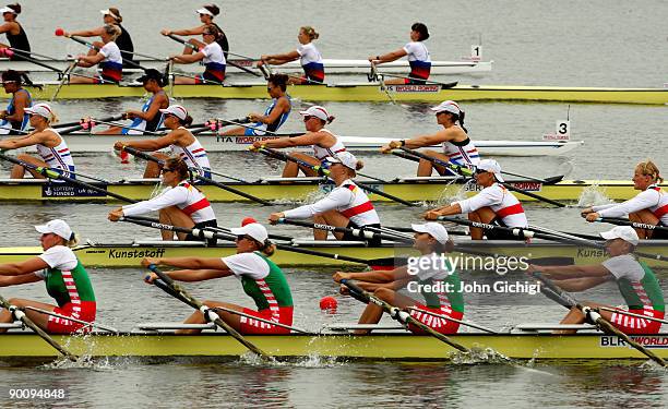 Crews from New Zealand, Russia, Italy, Great Britain, Germany and Belarus race in the Women's Quadruple Sculls on day four of the World Rowing...